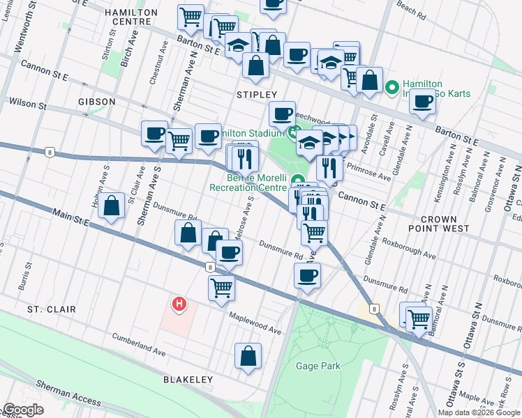 map of restaurants, bars, coffee shops, grocery stores, and more near 1 Prospect Street South in Hamilton