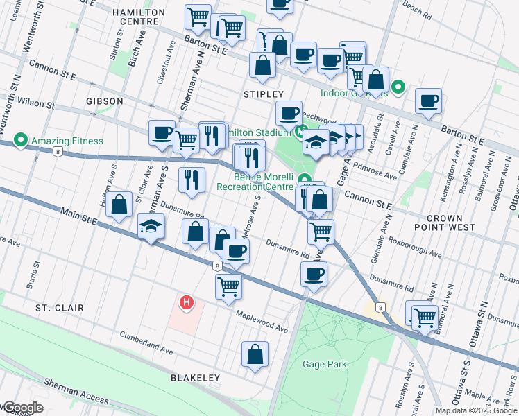 map of restaurants, bars, coffee shops, grocery stores, and more near in Hamilton