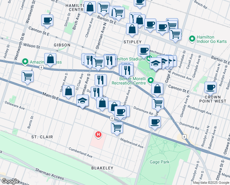 map of restaurants, bars, coffee shops, grocery stores, and more near in Hamilton