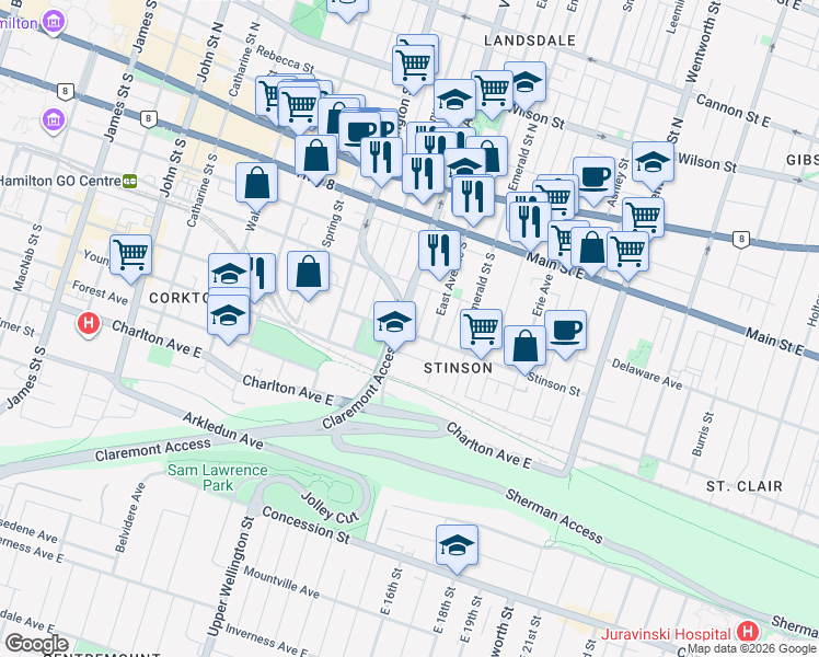 map of restaurants, bars, coffee shops, grocery stores, and more near 115 Victoria Avenue South in Hamilton