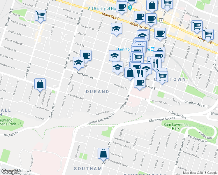 map of restaurants, bars, coffee shops, grocery stores, and more near 42-44 Herkimer Street in Hamilton