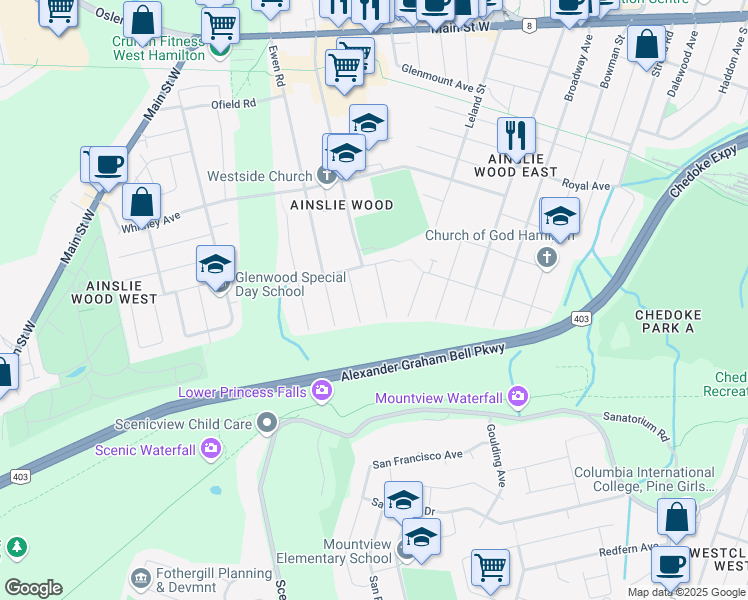 map of restaurants, bars, coffee shops, grocery stores, and more near 186 Rifle Range Road in Hamilton