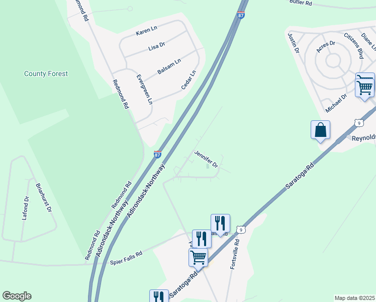 map of restaurants, bars, coffee shops, grocery stores, and more near 11 Jennifer Drive in Gansevoort