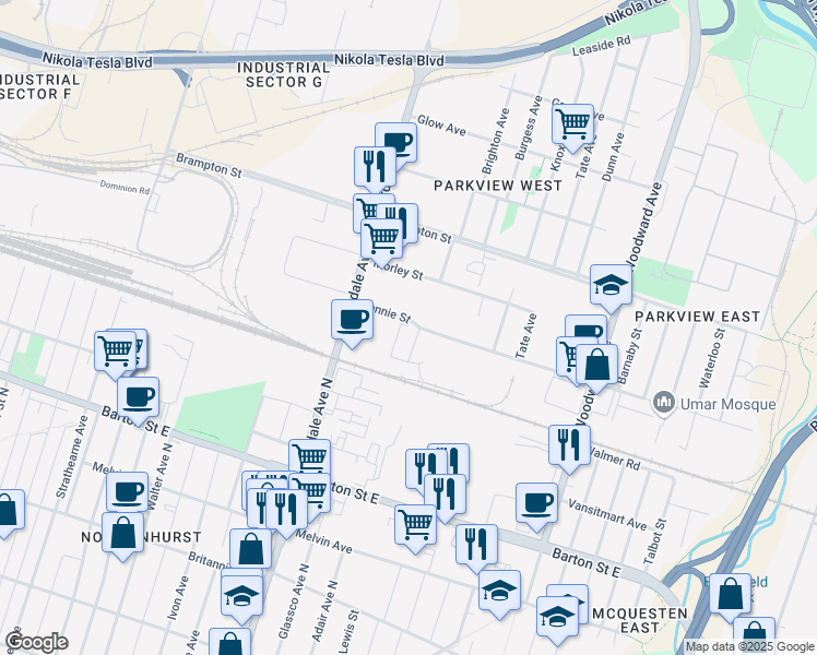 map of restaurants, bars, coffee shops, grocery stores, and more near 464 Rennie Street in Hamilton