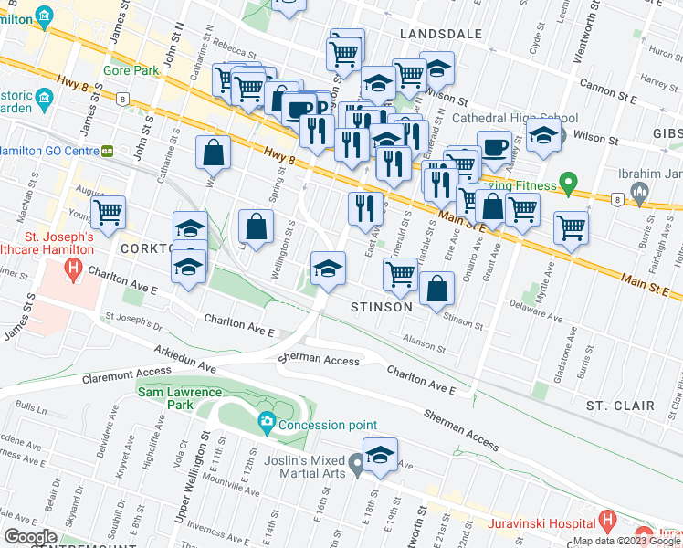 map of restaurants, bars, coffee shops, grocery stores, and more near 127 Victoria Avenue South in Hamilton