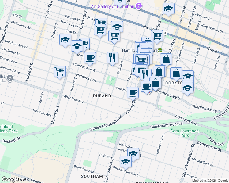map of restaurants, bars, coffee shops, grocery stores, and more near 281 Park Street South in Hamilton