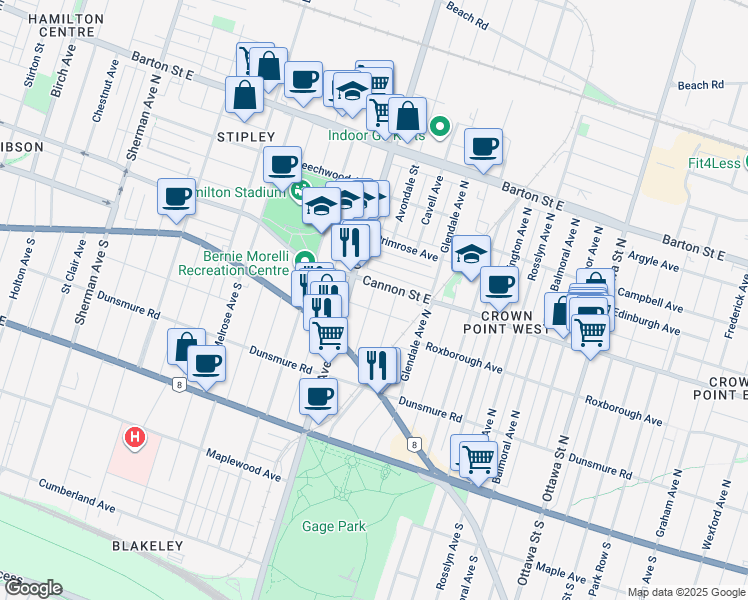 map of restaurants, bars, coffee shops, grocery stores, and more near 44 Fairview Avenue in Hamilton
