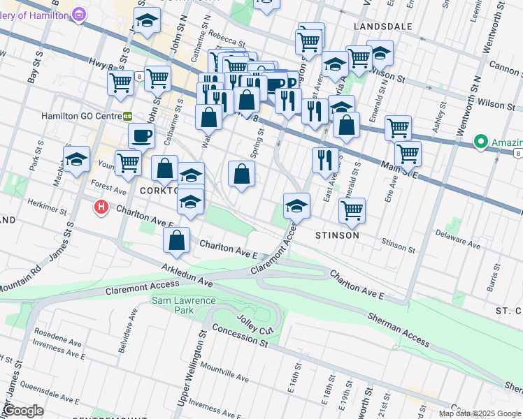 map of restaurants, bars, coffee shops, grocery stores, and more near 151 Wellington Street South in Hamilton