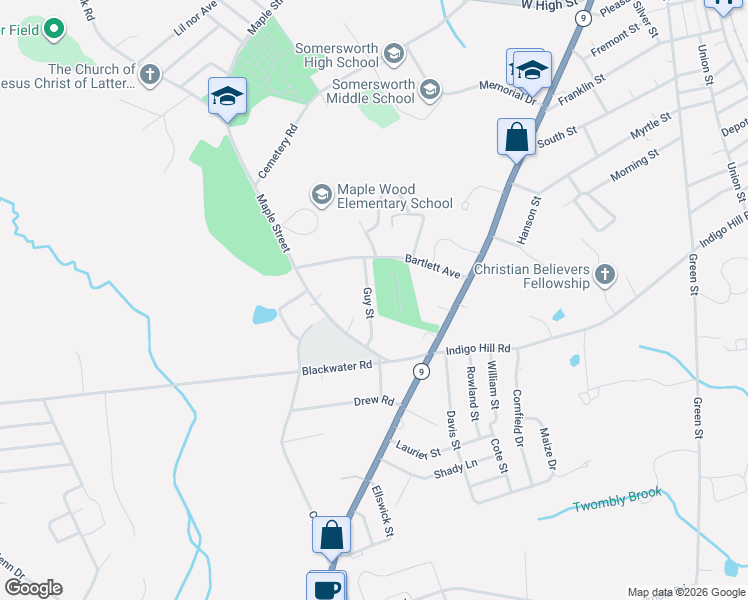 map of restaurants, bars, coffee shops, grocery stores, and more near 13 Guy Street in Somersworth