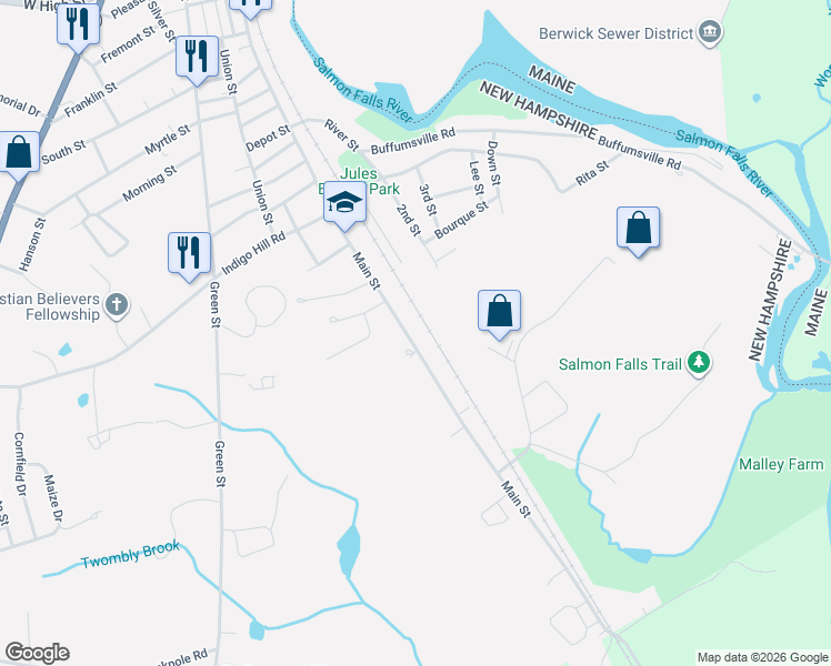 map of restaurants, bars, coffee shops, grocery stores, and more near 354 Main Street in Somersworth