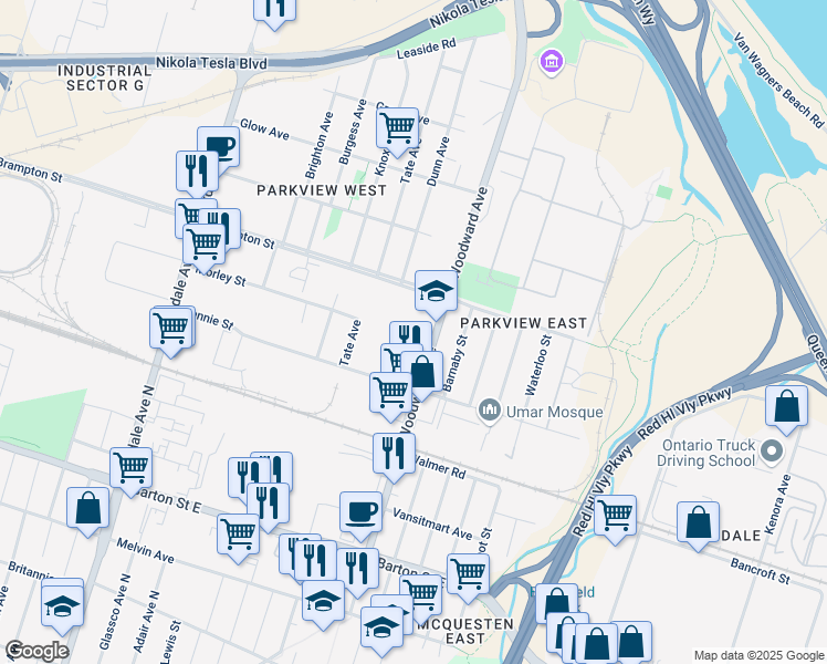map of restaurants, bars, coffee shops, grocery stores, and more near 575 Woodward Avenue in Hamilton