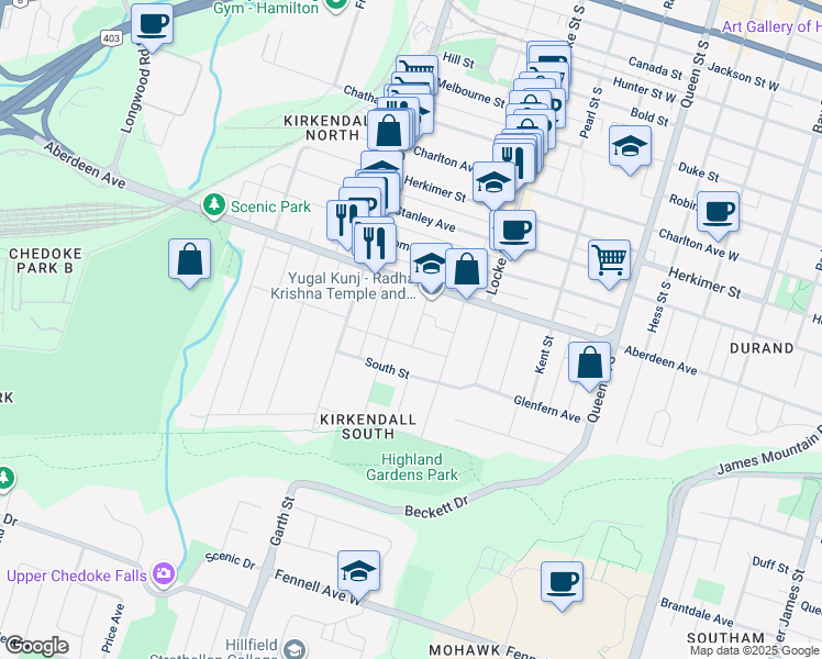 map of restaurants, bars, coffee shops, grocery stores, and more near 20 Cottage Avenue in Hamilton