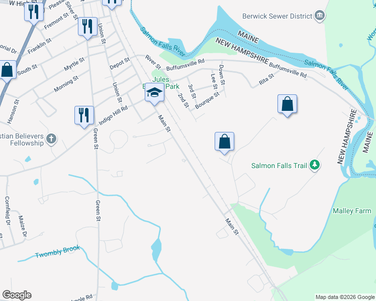 map of restaurants, bars, coffee shops, grocery stores, and more near 350 Main Street in Somersworth