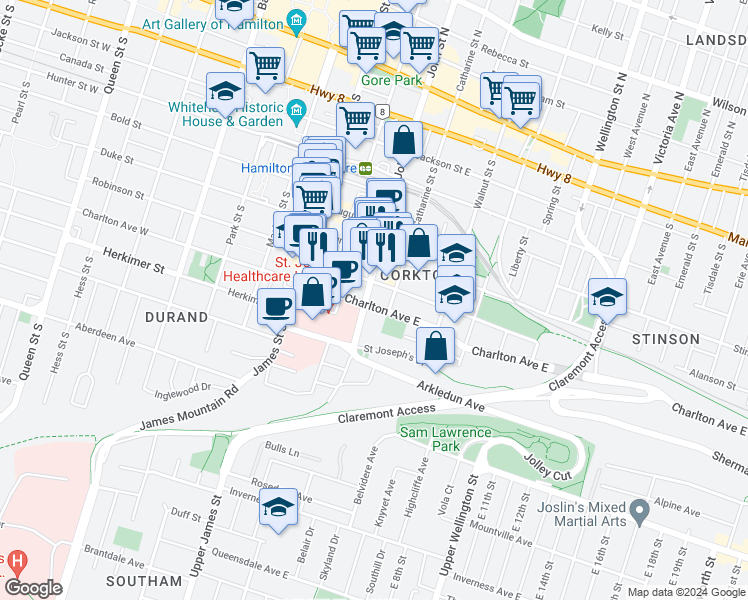 map of restaurants, bars, coffee shops, grocery stores, and more near 80 Forest Avenue in Hamilton
