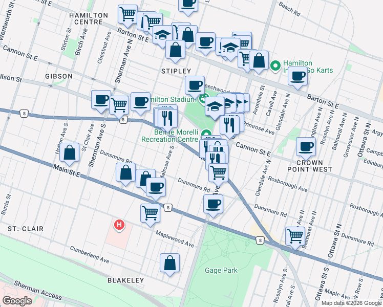 map of restaurants, bars, coffee shops, grocery stores, and more near 1 Prospect Street South in Hamilton