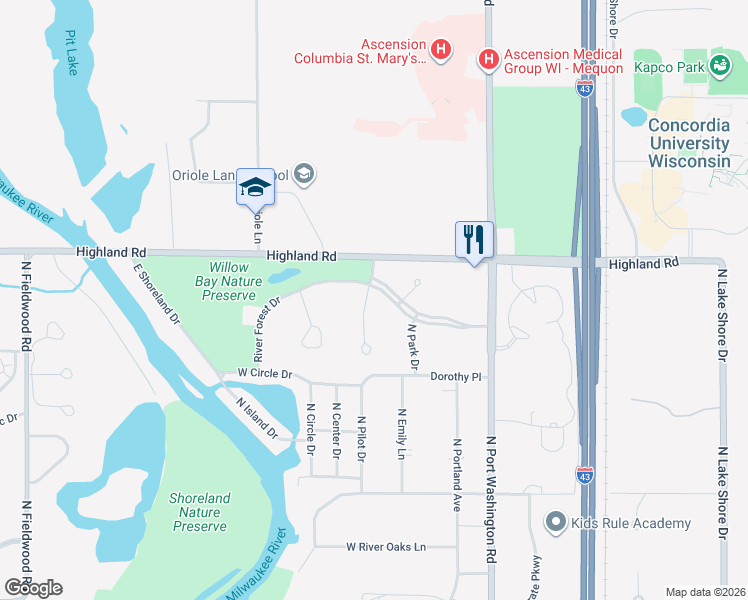 map of restaurants, bars, coffee shops, grocery stores, and more near 1532 River Forest Drive in Mequon