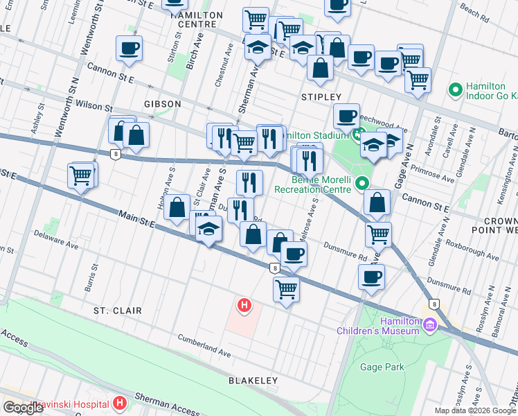 map of restaurants, bars, coffee shops, grocery stores, and more near 62 Barnesdale Avenue South in Hamilton