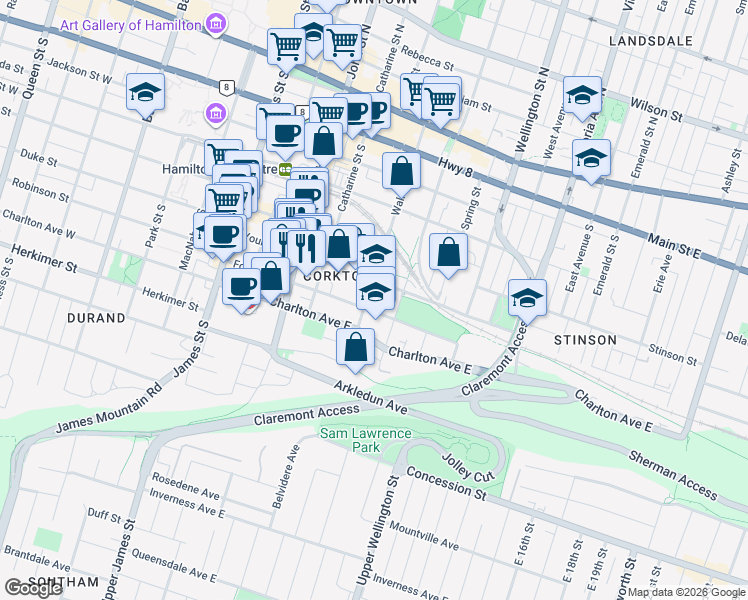 map of restaurants, bars, coffee shops, grocery stores, and more near in Hamilton