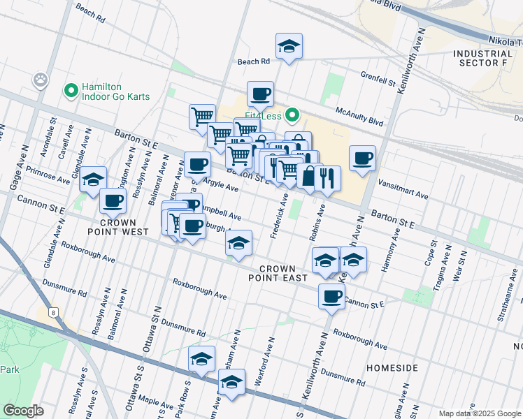 map of restaurants, bars, coffee shops, grocery stores, and more near 69 Norman Street in Hamilton