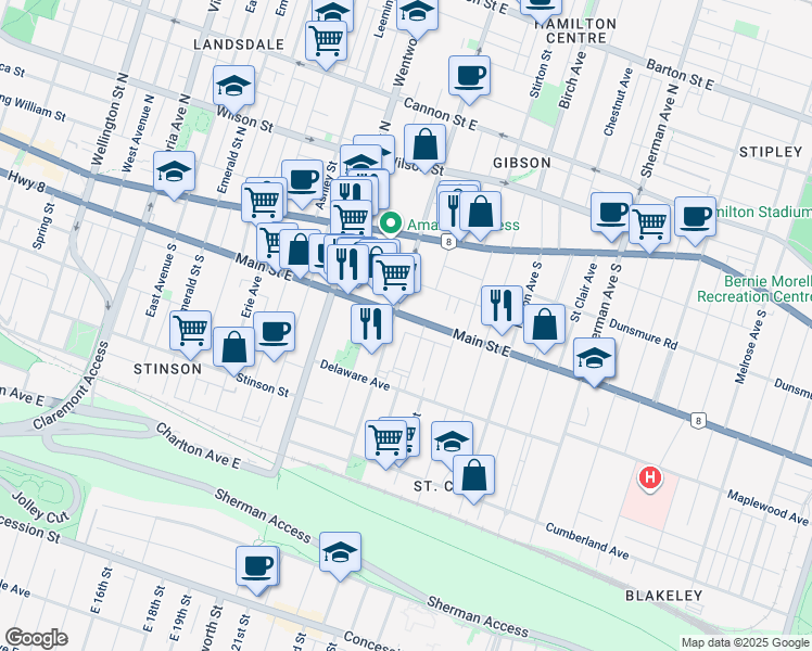 map of restaurants, bars, coffee shops, grocery stores, and more near 590 Main Street East in Hamilton