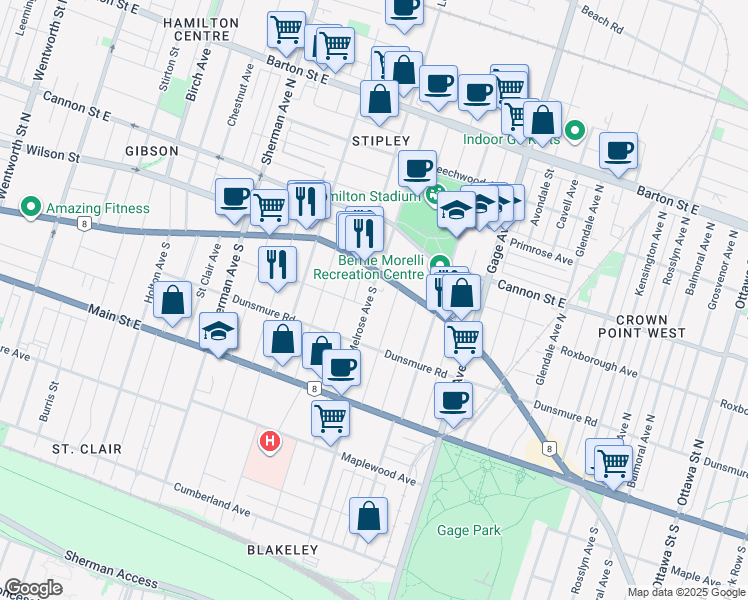 map of restaurants, bars, coffee shops, grocery stores, and more near 27 Melrose Avenue South in Hamilton