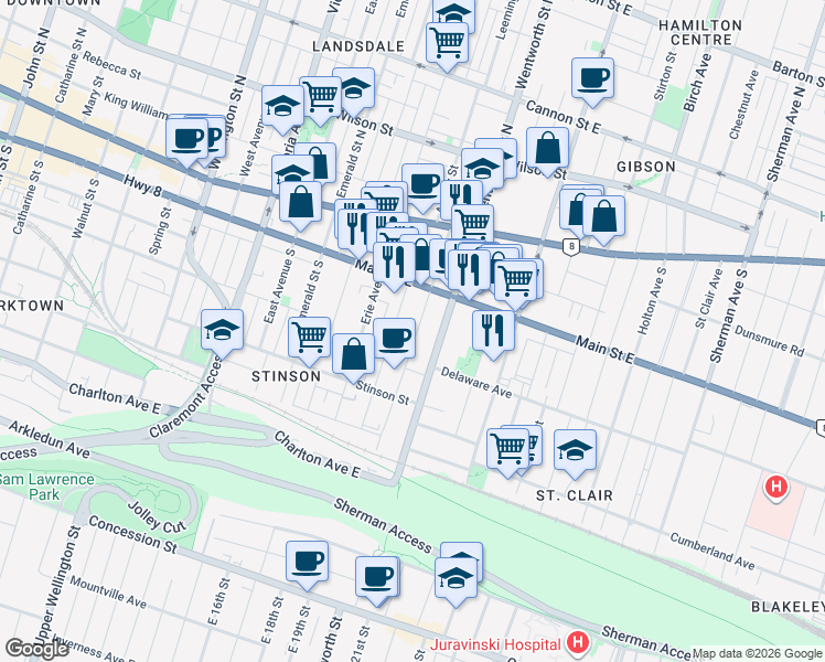map of restaurants, bars, coffee shops, grocery stores, and more near 100 Grant Avenue in Hamilton