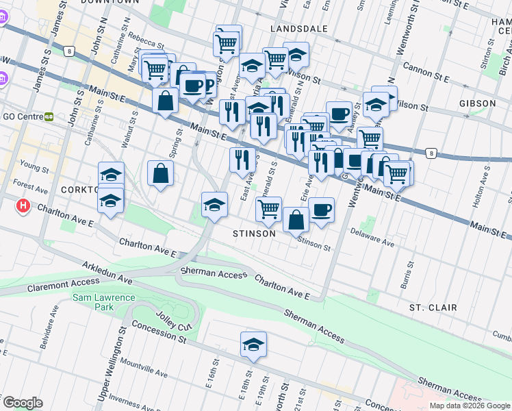 map of restaurants, bars, coffee shops, grocery stores, and more near 130 Emerald Street South in Hamilton