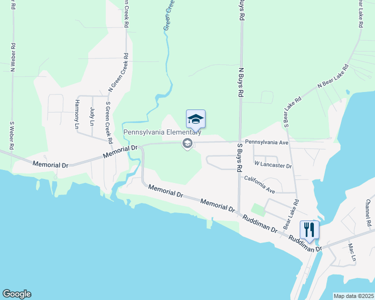 map of restaurants, bars, coffee shops, grocery stores, and more near 2500 Pennsylvania Avenue in Muskegon