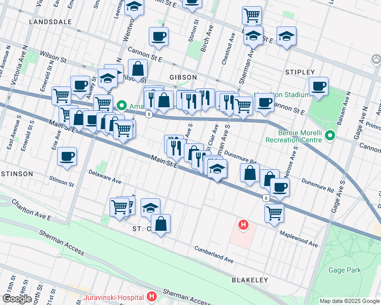 map of restaurants, bars, coffee shops, grocery stores, and more near 67 Holton Avenue South in Hamilton
