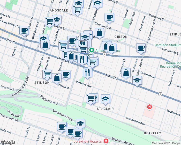 map of restaurants, bars, coffee shops, grocery stores, and more near 554 Main Street East in Hamilton