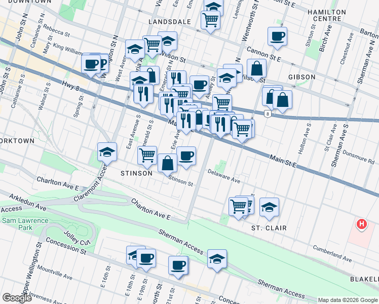 map of restaurants, bars, coffee shops, grocery stores, and more near in Hamilton