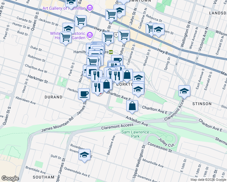 map of restaurants, bars, coffee shops, grocery stores, and more near 80 Forest Avenue in Hamilton