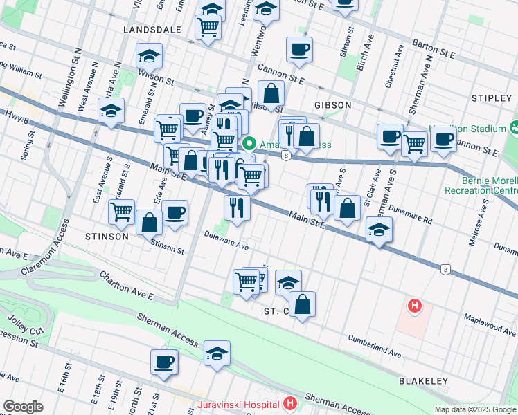 map of restaurants, bars, coffee shops, grocery stores, and more near 594 Main Street East in Hamilton