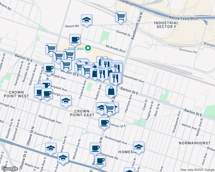 map of restaurants, bars, coffee shops, grocery stores, and more near 1292 Barton Street East in Hamilton