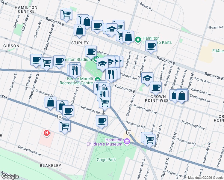map of restaurants, bars, coffee shops, grocery stores, and more near 44 Gage Avenue North in Hamilton