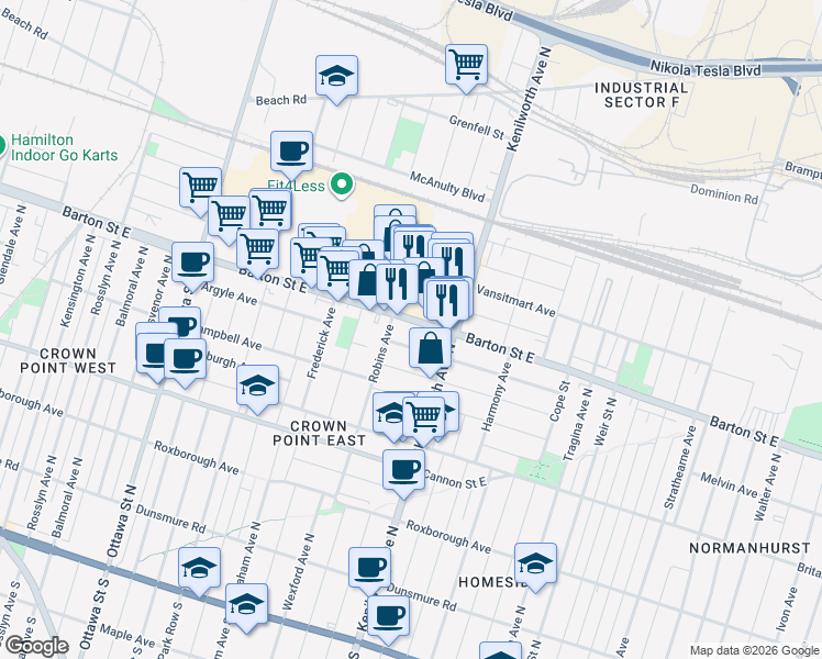 map of restaurants, bars, coffee shops, grocery stores, and more near 1286 Barton Street East in Hamilton