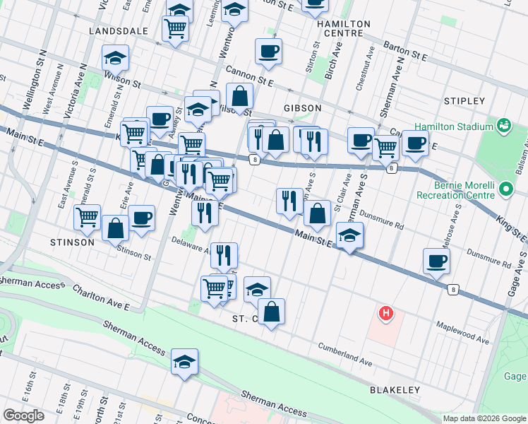 map of restaurants, bars, coffee shops, grocery stores, and more near 58 Burris Street in Hamilton