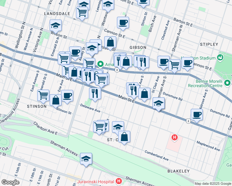 map of restaurants, bars, coffee shops, grocery stores, and more near 627 Main Street East in Hamilton