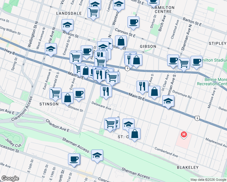 map of restaurants, bars, coffee shops, grocery stores, and more near 71 Sanford Avenue South in Hamilton