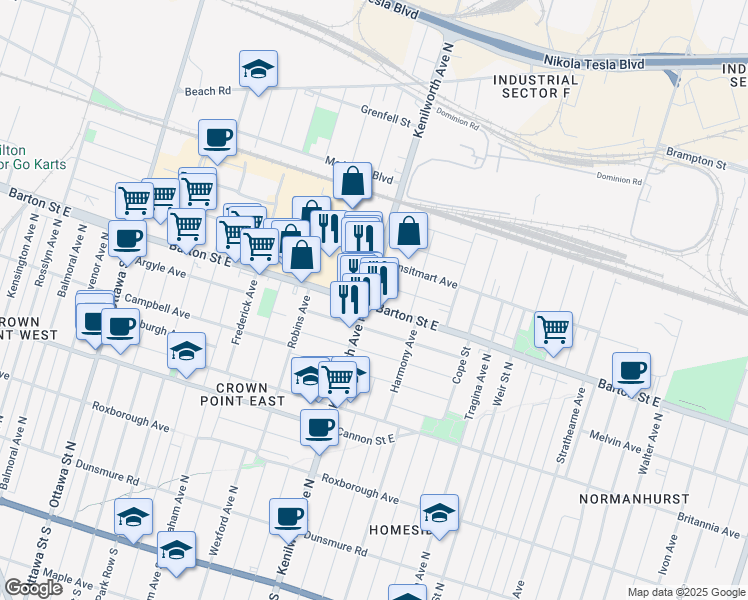 map of restaurants, bars, coffee shops, grocery stores, and more near in Hamilton