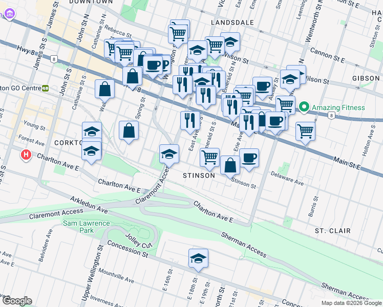 map of restaurants, bars, coffee shops, grocery stores, and more near 117 East Avenue South in Hamilton