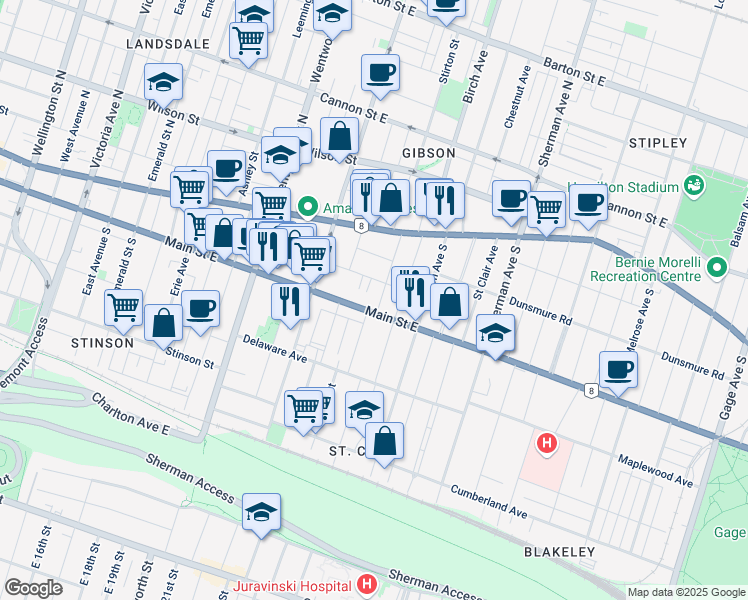 map of restaurants, bars, coffee shops, grocery stores, and more near 58 Burris Street in Hamilton