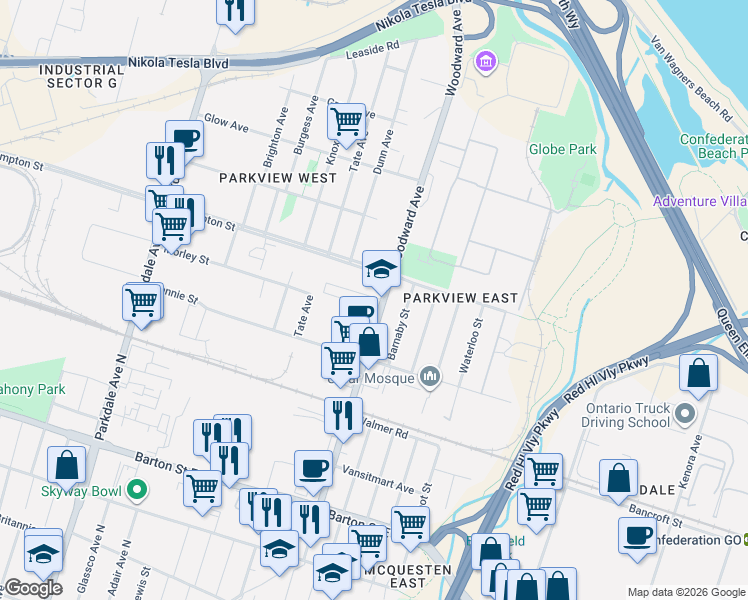 map of restaurants, bars, coffee shops, grocery stores, and more near 610 Woodward Avenue in Hamilton