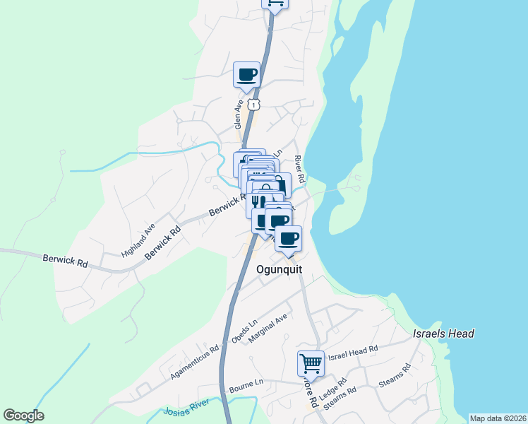 map of restaurants, bars, coffee shops, grocery stores, and more near 230 Main Street in Ogunquit