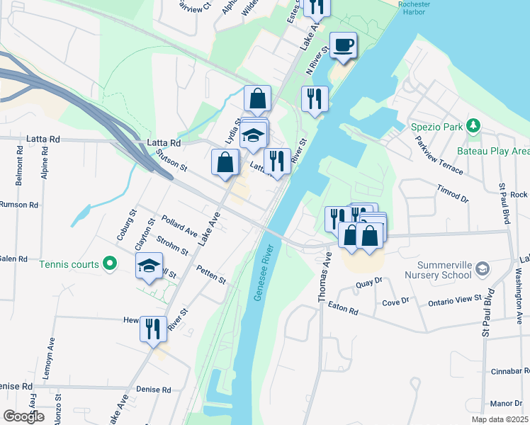 map of restaurants, bars, coffee shops, grocery stores, and more near 349 River Street in Rochester