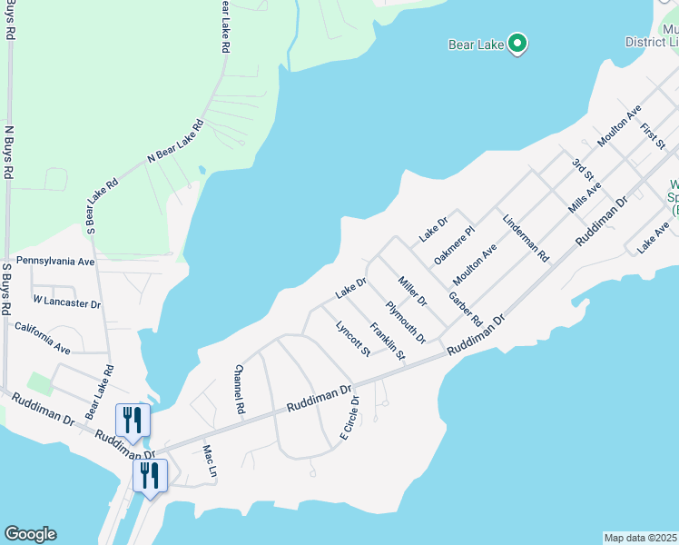 map of restaurants, bars, coffee shops, grocery stores, and more near 604 Lake Drive in North Muskegon
