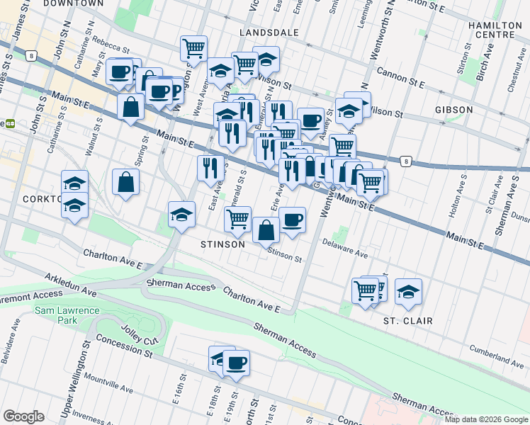 map of restaurants, bars, coffee shops, grocery stores, and more near 73 Tisdale Street South in Hamilton