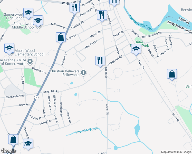 map of restaurants, bars, coffee shops, grocery stores, and more near 55 Indigo Hill Road in Somersworth