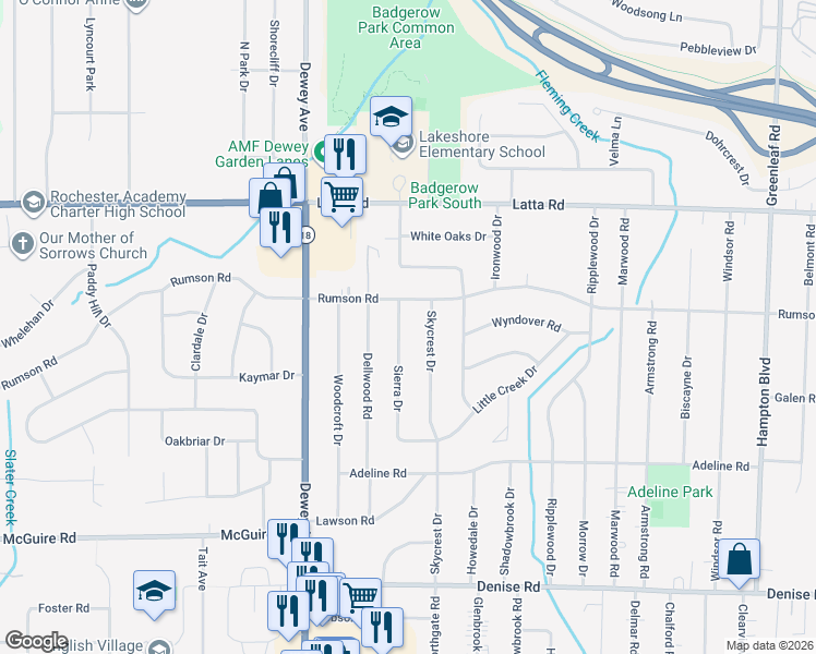 map of restaurants, bars, coffee shops, grocery stores, and more near 188 Sierra Drive in Rochester