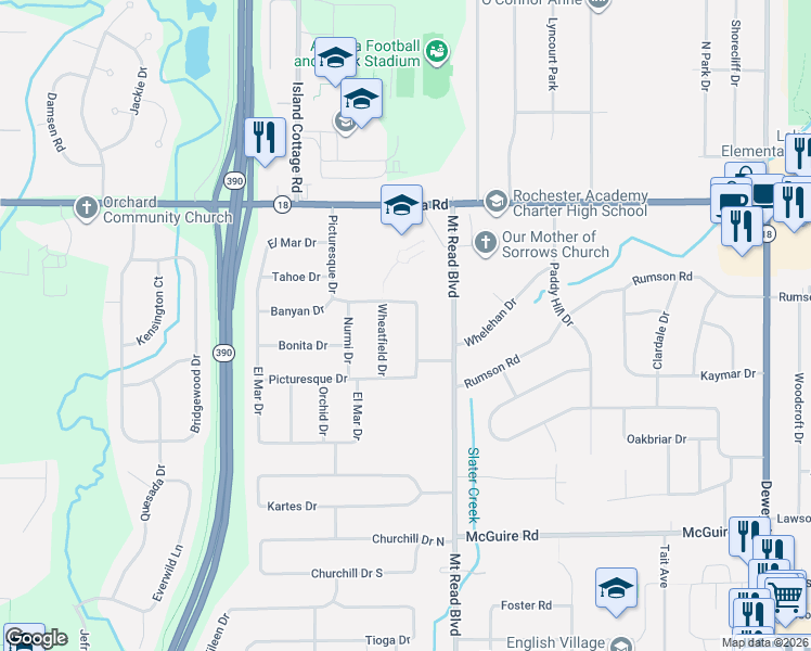 map of restaurants, bars, coffee shops, grocery stores, and more near 157 Picturesque Drive in Rochester